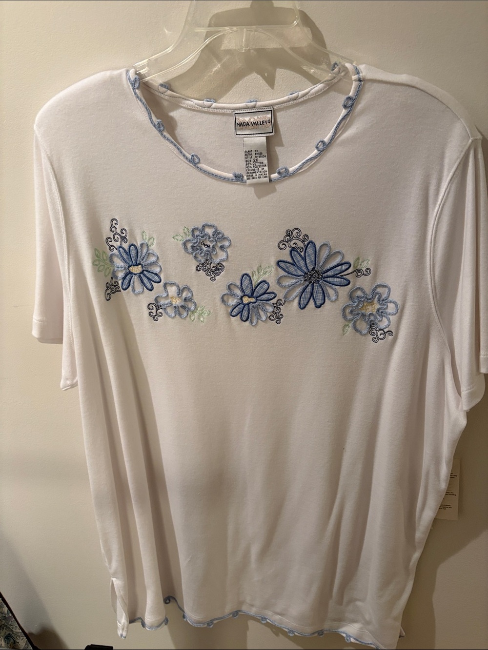 White Short Sleeve Tee with Blue Floral Embroidery